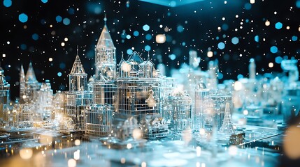 A stunning glass town floating in space reflecting the wonders of constellations and illuminated by twinkling stars