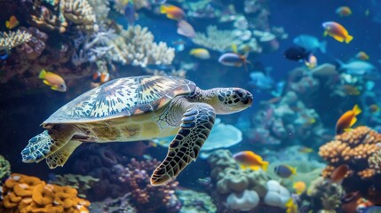 Obraz premium Sea Turtle Swimming in a Coral Reef
