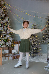 New year's card of a girl stands on the skating rink in skates