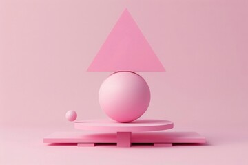 3D rendering of a minimal pink background with a triangle and sphere object balanced on the top