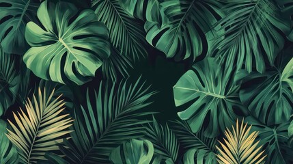 Fototapeta premium Lush tropical leaves in various shades of green and yellow create a vibrant, textured background.