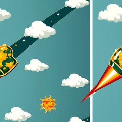 A seamless pattern with a rocket in flight, a sun, a moon, and clouds on a blue background.