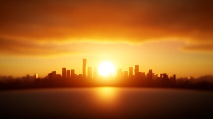 Obraz premium City skyline silhouette at sunset with vibrant orange sky, perfect for urban themes.