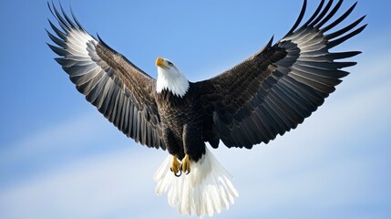 Fototapeta premium A majestic bald eagle soaring against a clear blue sky, its wings fully spread.
