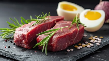 Fototapeta premium Vitamin B12: Essential for red blood cell formation and DNA synthesis, this vitamin supports neurological function and is mainly found in animal products like meat and dairy. 