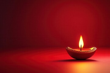 A glowing oil lamp flickers warmly against a rich red background, symbolizing light and celebration.
