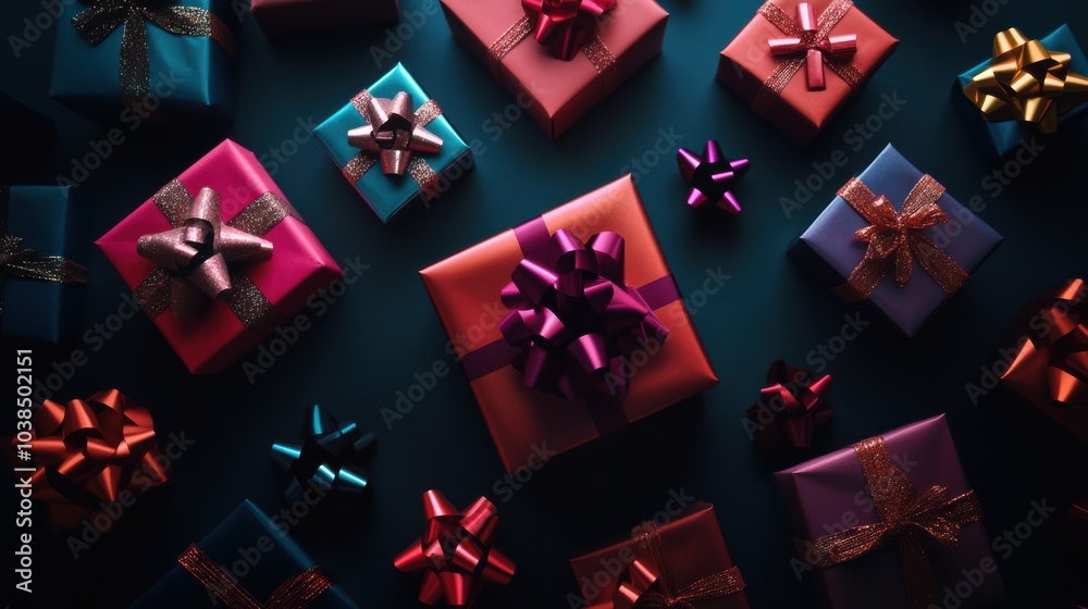 Poster brightly colored gift boxes adorned with shiny bows create a festive atmosphere perfect for celebrat
