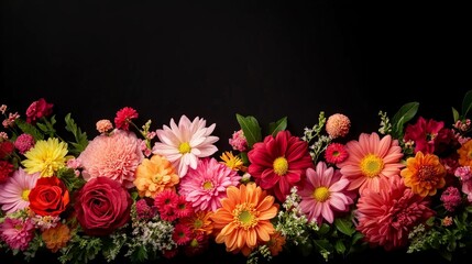 Colorful flowers in vibrant hues against a black background.