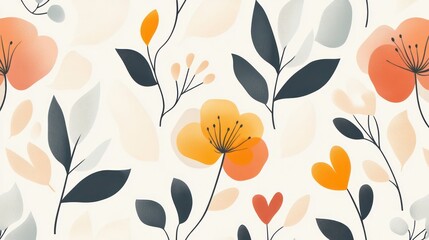 A seamless pattern with abstract flowers and leaves in soft orange, grey, and beige colors on a white background.