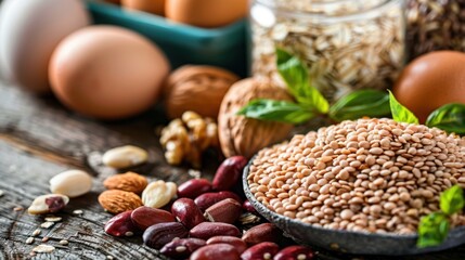 Obraz premium Vitamin H (Biotin): Associated with healthy hair and skin, biotin plays a role in fatty acid synthesis and amino acid metabolism, sourced from eggs, nuts, and legumes.