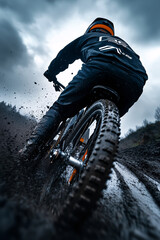 Naklejka premium Biker wearing black helmet and dark blue jacket rides mountain bike through muddy terrain, tires kicking up dirt. Dynamic action shot emphasizes speed and intensity. Concept: Trail power.