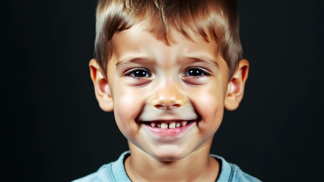 Close-up video of a young boy with a mischievous grin, expressing playful cunning against a neutral black background with studio key light