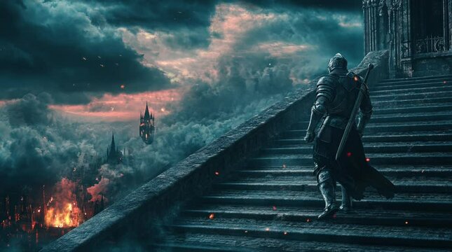 A knight was climbing the palace stairs at night. Seamless looping time-lapse virtual 4k video animation background