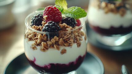 Delicious yogurt parfait topped with fresh berries and granola served at a cozy café