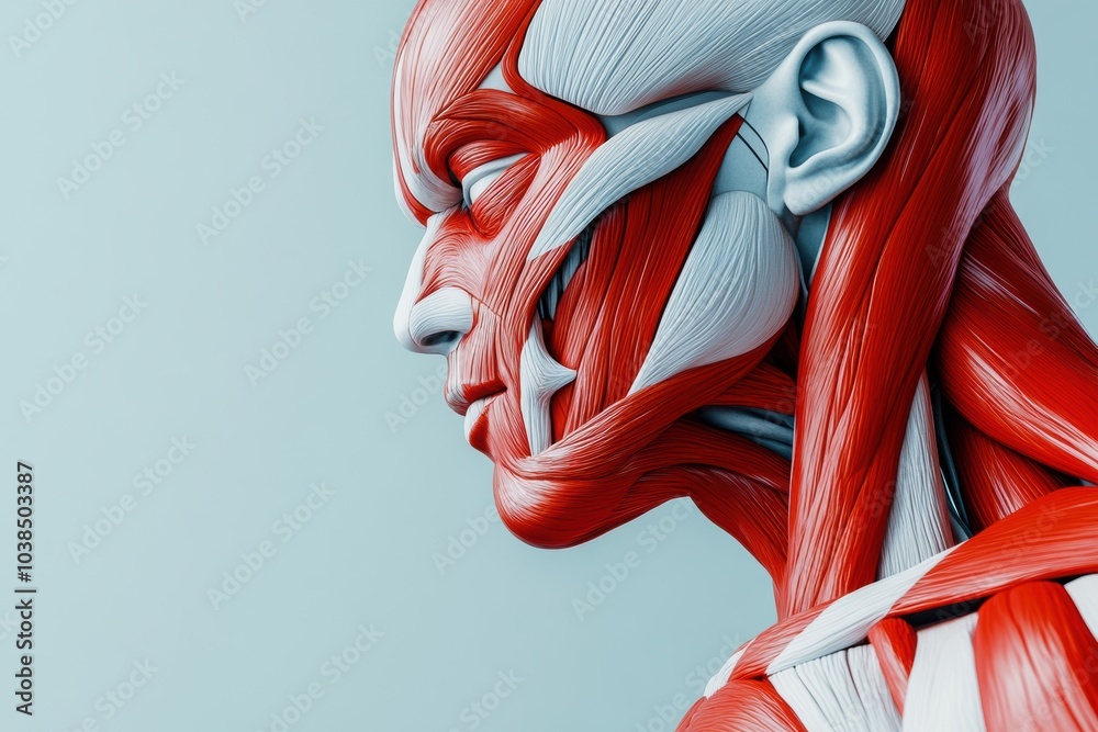 Poster This detailed 3D rendering showcases a close-up of human muscle anatomy, emphasizing red and white muscle fibers. Generative AI