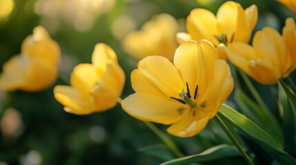 Close-up of vibrant yellow tulips bathed in warm sunlight.