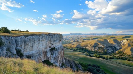 Obraz premium A panoramic view of a high cliff surrounded by rolling hills and a deep blue sky.