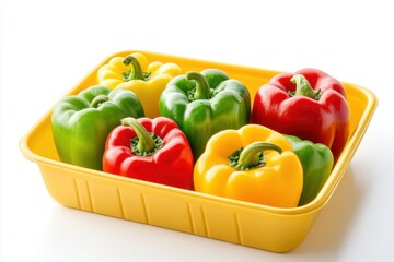 Colorful bell peppers in a yellow tray on a white background.
