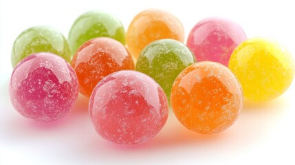 Colorful, round, glossy candies on white background.