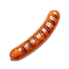 Grilled sausage with shiny, caramelized surface and distinct grill marks, perfect for barbecues and outdoor gatherings. Isolated White Background