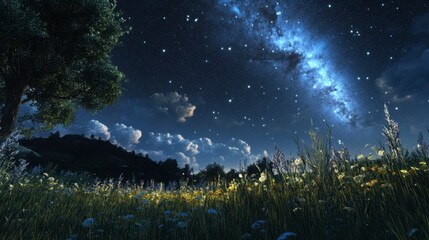 A quiet meadow under the night sky, where the galaxy and stars provide a serene, celestial backdrop.