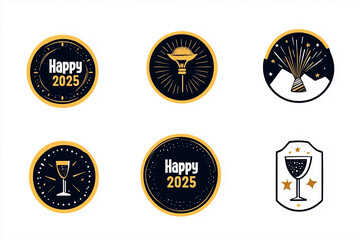 Naklejka premium a set of 8 minimalistic New Year’s stickers, featuring clean, modern icons that represent New Year's traditions. Include a sleek clock at midnight, a simple champagne glass, a minimalistic party hat
