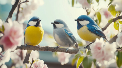 Obraz premium Colorful birds perched on branches surrounded by blooming flowers create serene and vibrant scene. Their bright plumage adds joy to tranquil atmosphere