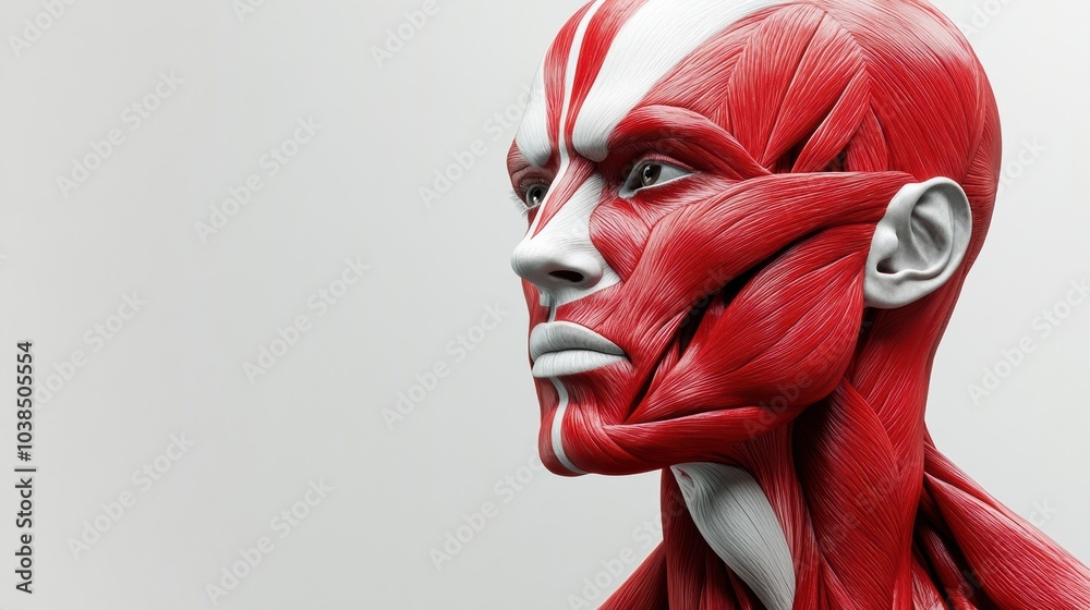 Poster Explore the intricate details of a red and white muscle structure highlighting human anatomical features and muscle formations. Generative AI