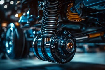 Fototapeta premium The car's suspension is visible and captured on camera. Generative Ai