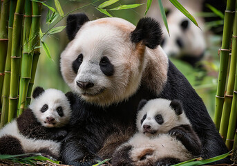 Fototapeta premium Große Panda (Ailuropoda melanoleuca) Muttertier mit Jungen im Bambuswald