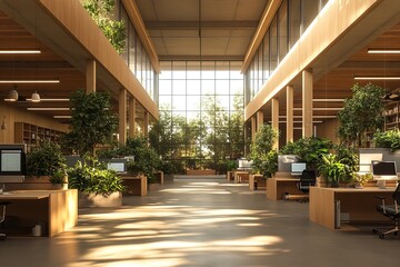 A contemporary open office area with bright overhead lighting. Generative Ai