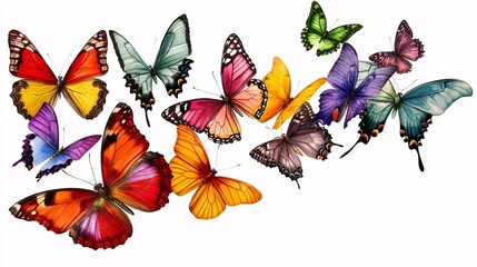 A vibrant collection of multicolored butterflies isolated on a white background, showcasing their intricate patterns and natural beauty.