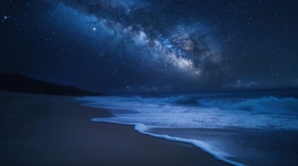 A serene beach under the night sky, where the Milky Way galaxy and stars create a breathtaking scene against the ocean waves.