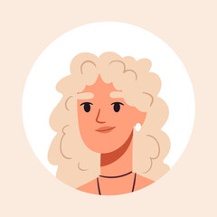 Blond woman portrait. Cute stunning woman face, beautiful girl avatar, smiling female character flat vector illustration. Young lady portrait