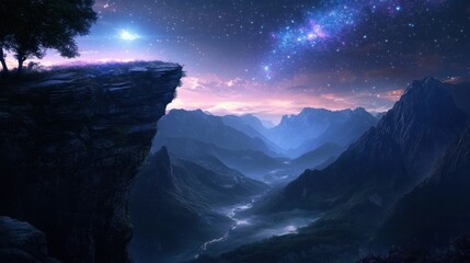 Fototapeta premium A serene night view from a high cliff, with the galaxy's stars illuminating the valley below.