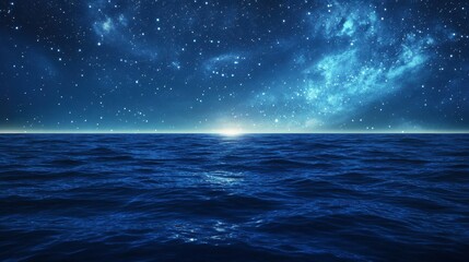 A serene ocean under a blue sky, with stars sparkling above and the galaxy faintly illuminating the horizon.