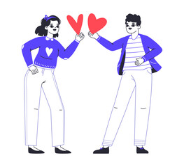Fototapeta premium Couple in love. Romantic characters sharing and giving hearts, Valentine's day love sharing flat vector illustration. Man and woman giving hearts to each other