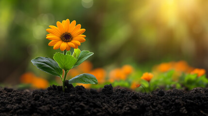 Bright orange flower blooming in rich soil under warm sunlight in a garden