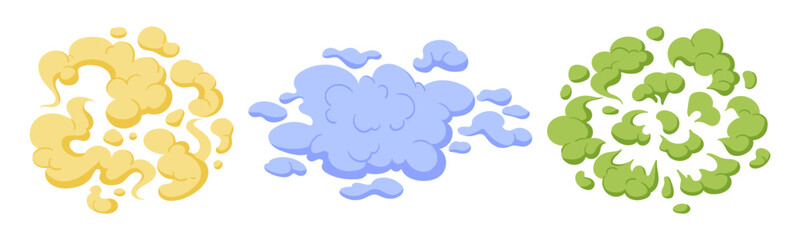 Dust clouds. Smoke explosion elements, comic smoke puff clouds flat vector illustration set. Cartoon dust clouds on white