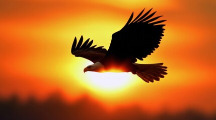 A silhouette of a bald eagle flying at sunset, with the sky glowing in warm orange hues.