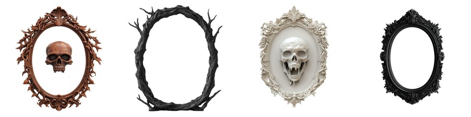 Four ornate frames featuring skulls and eerie designs, creating a spooky and intriguing aesthetic perfect for Halloween or gothic decor.