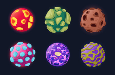 Fantastic galaxy planets. Cartoon space bodies, fantasy universe planets flat vector illustration set. Fantastic space elements