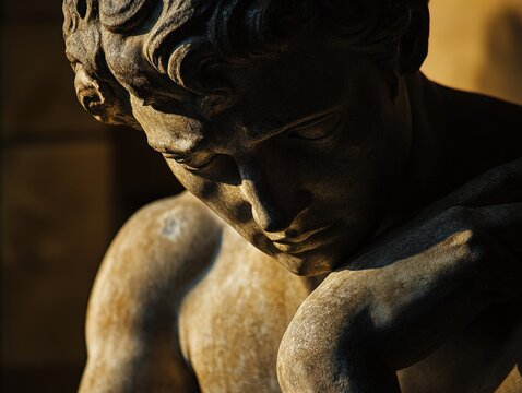 Weathered stone sculpture of a figure in deep contemplation