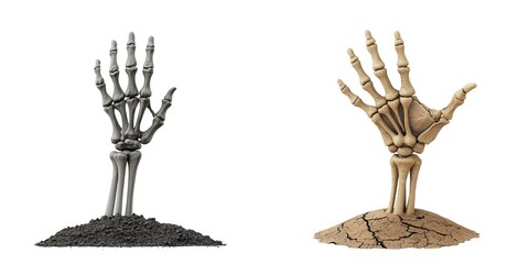 A dual depiction of skeleton hands emerging from piles of earth, contrasting dark and light tones, symbolizing themes of life and death.