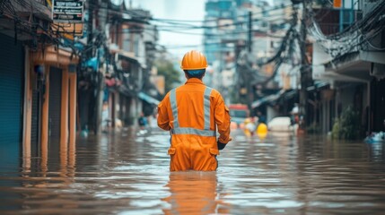 A flood relief worker in uniform wading through flooded streets, symbolizing aid efforts in a natural disaster zone.