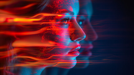Abstract close up of a woman's face with glowing red and orange light streaks