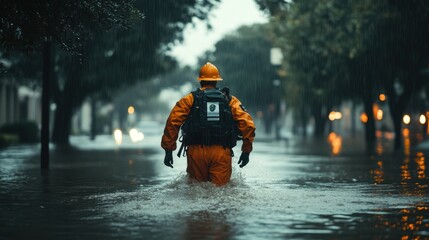 Fototapeta premium A flood relief worker in uniform wading through flooded streets, symbolizing aid efforts in a natural disaster zone.