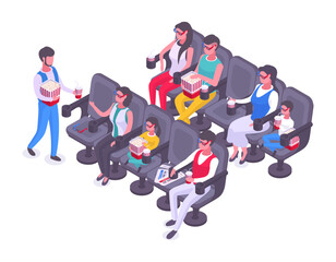 Isometric people sitting in cinema chairs. Movie theatre visitors with popcorn, soda and 3d glasses watching film on big screen vector illustration. Movie watching concept