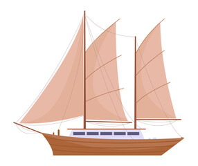 Sea ship. Cartoon marine travel boat, sailing yacht, water marine transport flat vector illustration. Nautical sailboat on white