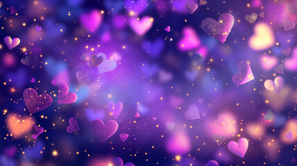 Sparkling pink and purple hearts floating in a dreamy glowing background
